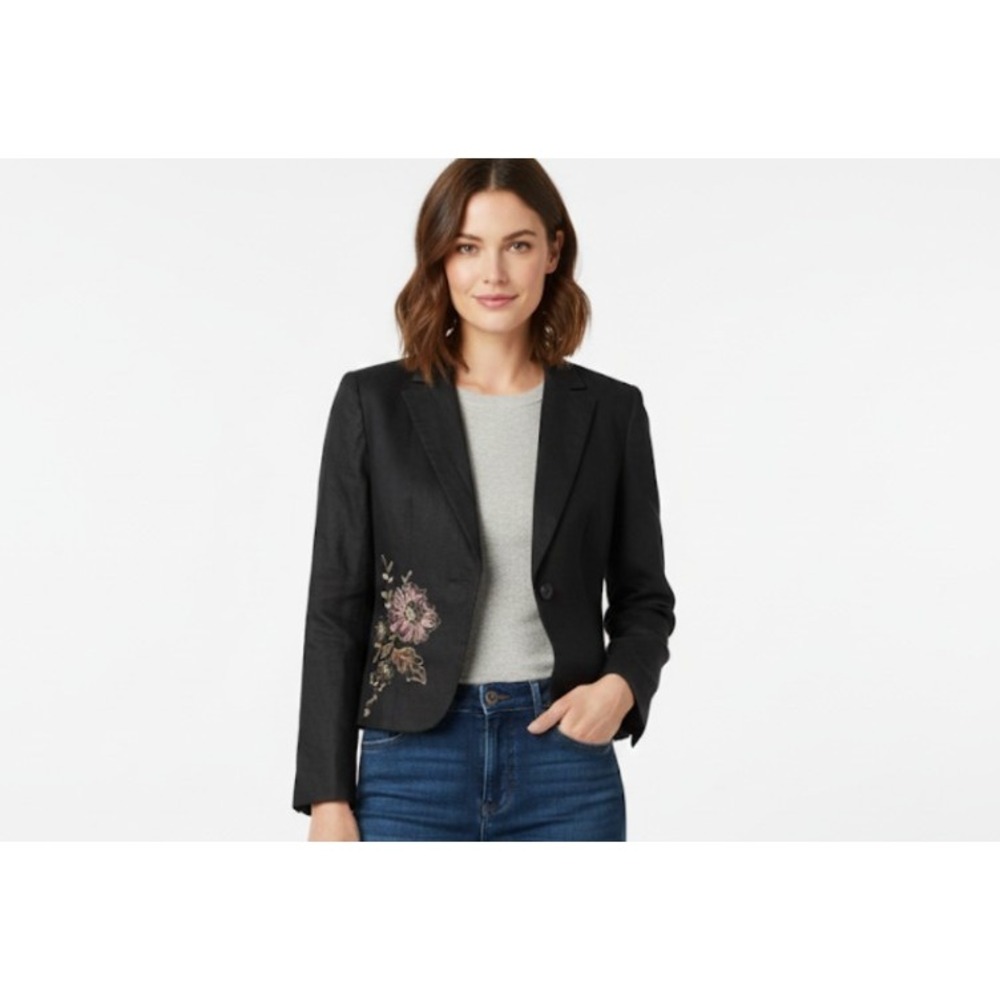 Apt 9 Blazer Womens 12P Black Linen Blend Floral Embroidered Petite Jacket